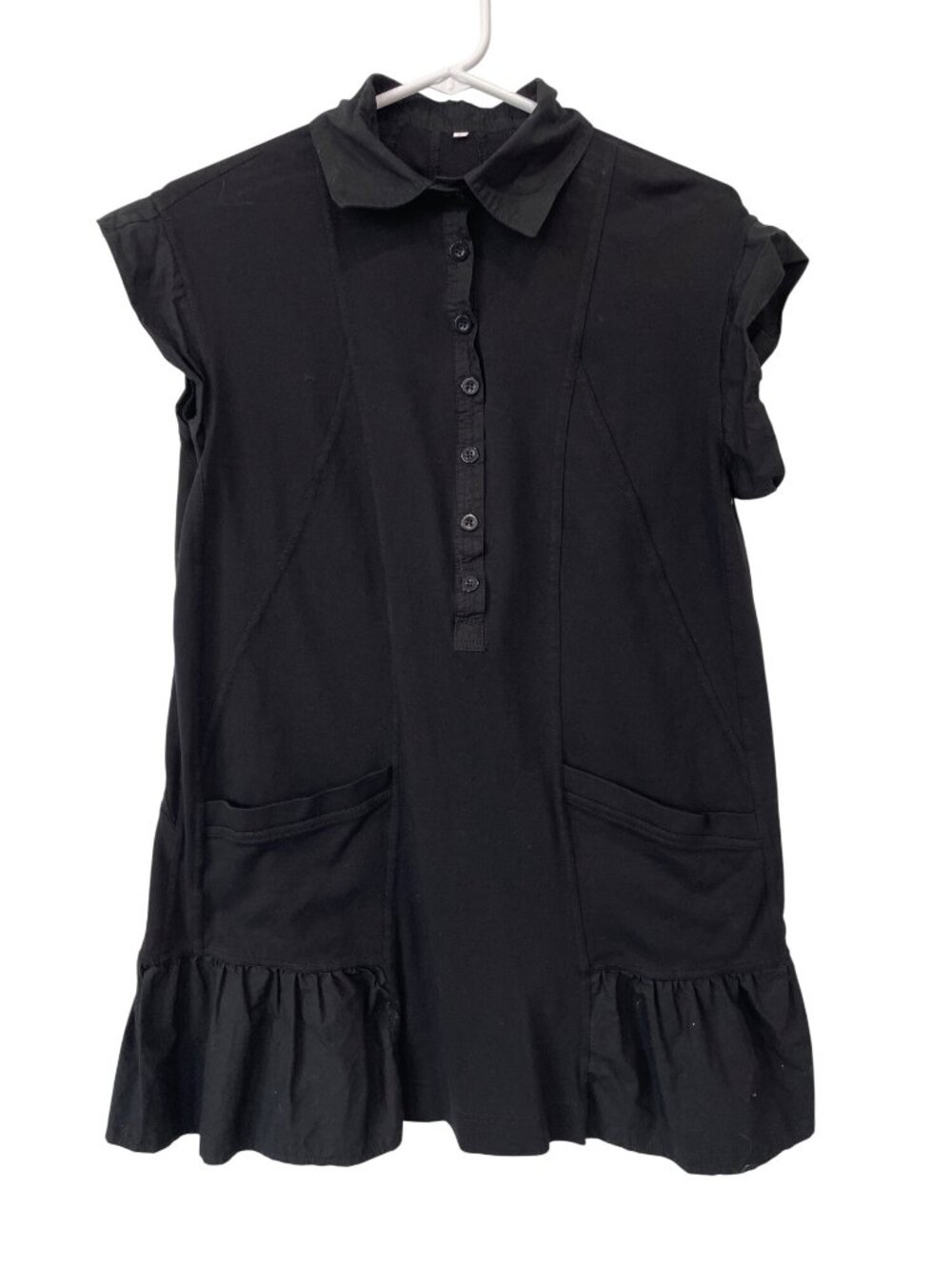 Fashion Tunic Dress Small Button Front Short Sleeve Ruffle Hem Black Minimalist